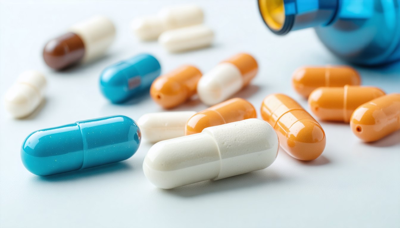 Various potency improvement supplements including capsules, tablets and herbal extracts arranged on a table with a stethoscope, symbolizing medical guidance