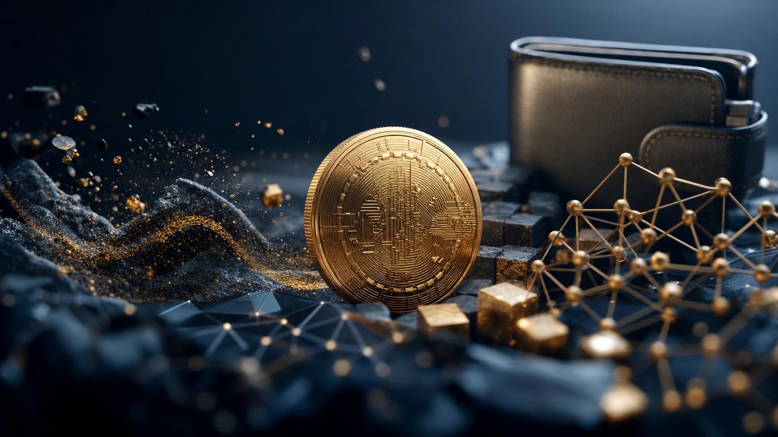 A cryptocurrency price chart with changing market depth, trade execution, and blockchain transaction confirmation indicators